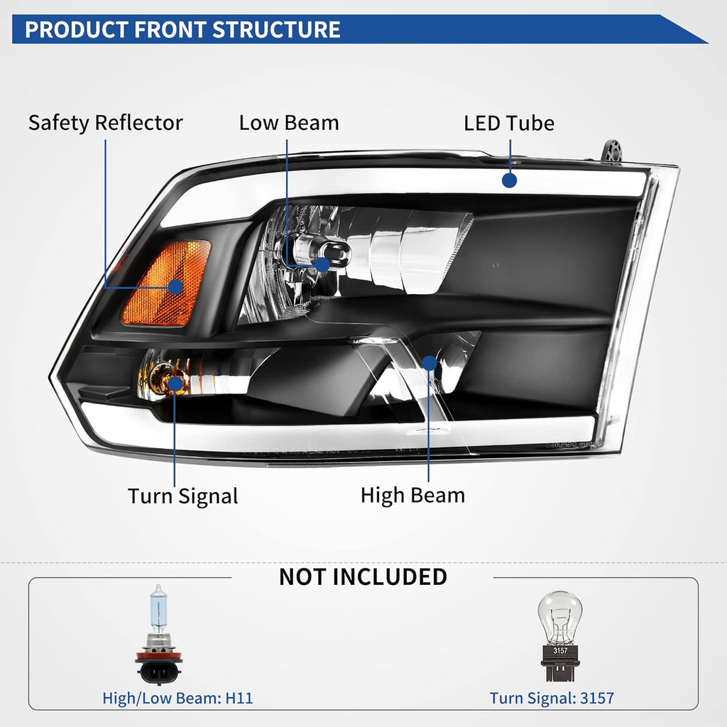 YITAMOTOR® LED DRL Faros delanteros negros estilo cuádruple para Dodge Ram 1500 2500 3500 2010-2018 par