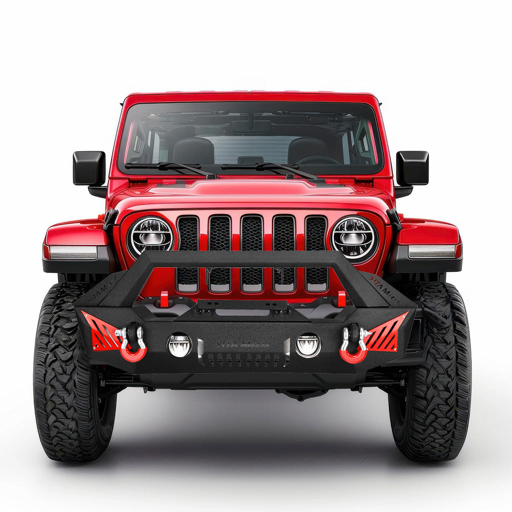 Parachoques delantero YITAMOTOR® compatible con Jeep Wrangler JL 2018-2024 y Unlimited (2/4 puertas), Gladiator JT 2020-2023 con orificios para luces antiniebla y 2 anillos en D y placa de cabrestante