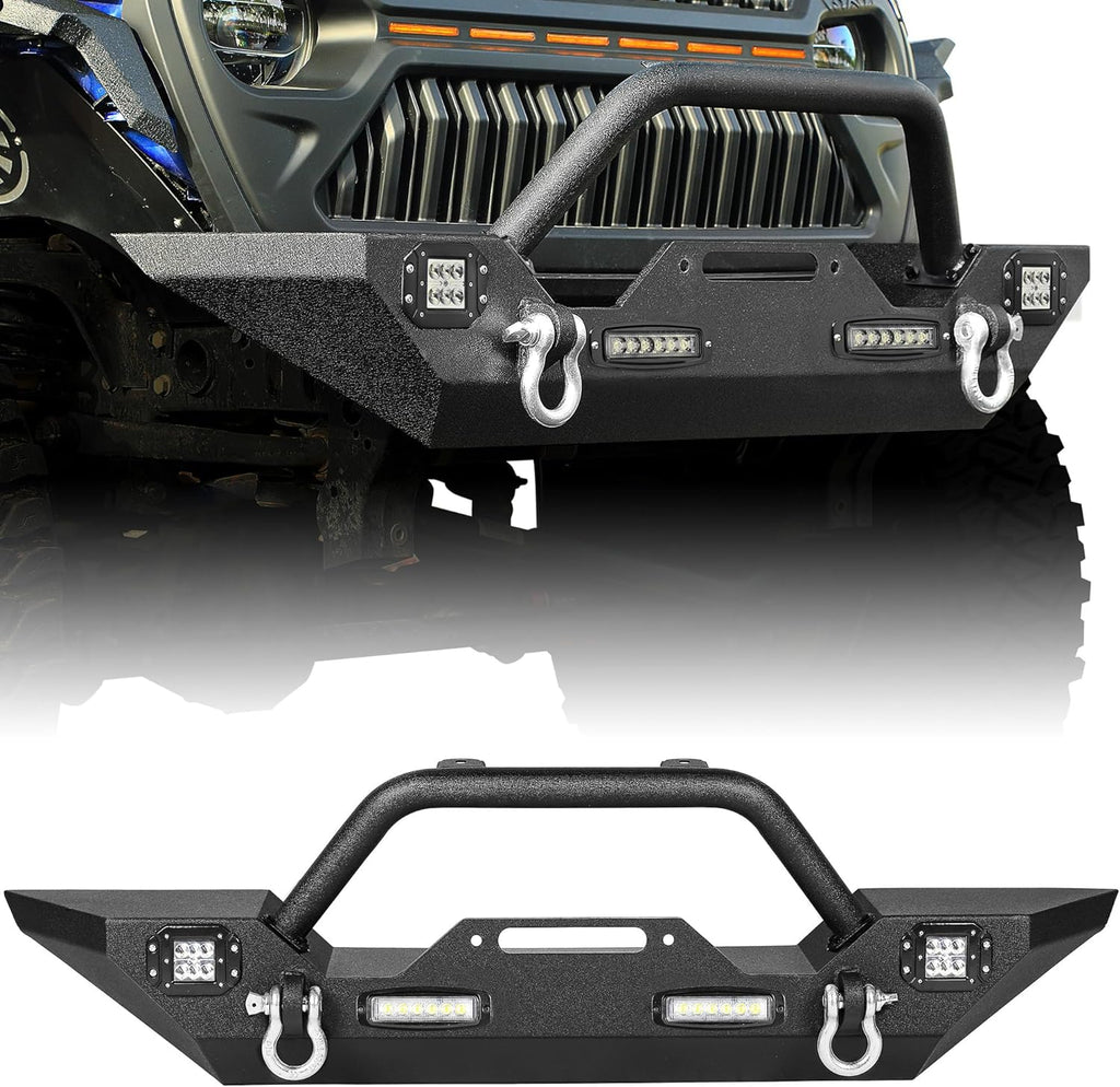 YITAMOTOR® 18-24 Jeep Wrangler JL/ 20-23 Jeep Gladiator Rock Crawler Parachoques delantero con luces LED y anillos en D