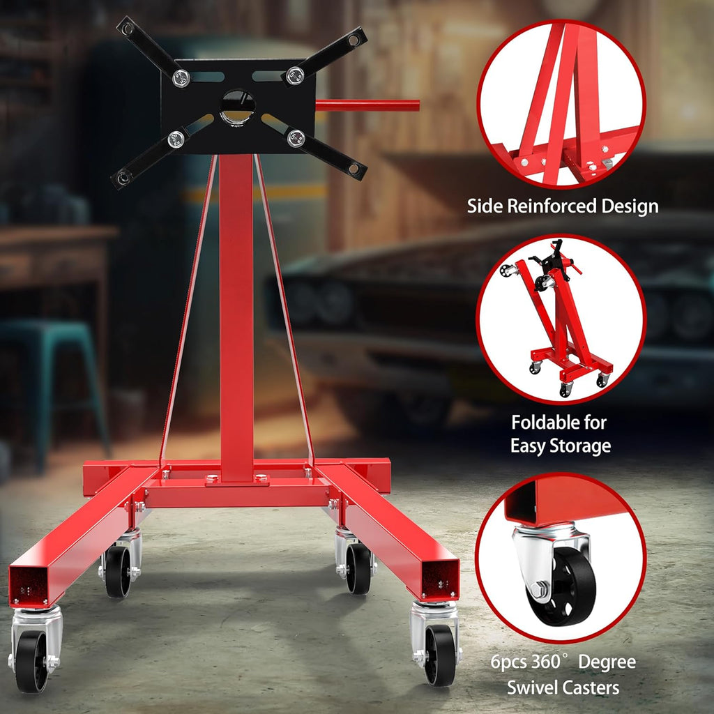 Soporte de motor, soporte de motor de capacidad de 1250 libras con cabezal giratorio de 360 ​​grados, soporte de elevación de motor de alta resistencia con 6 ruedas giratorias, 4 brazos ajustables, rojo