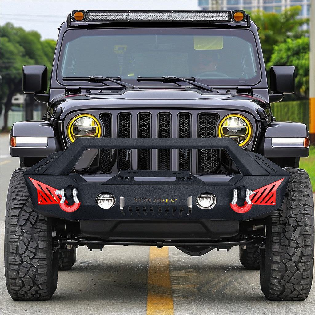 Parachoques delantero YITAMOTOR® compatible con Jeep Wrangler JL 2018-2024 y Unlimited (2/4 puertas), Gladiator JT 2020-2023 con orificios para luces antiniebla y 2 anillos en D y placa de cabrestante