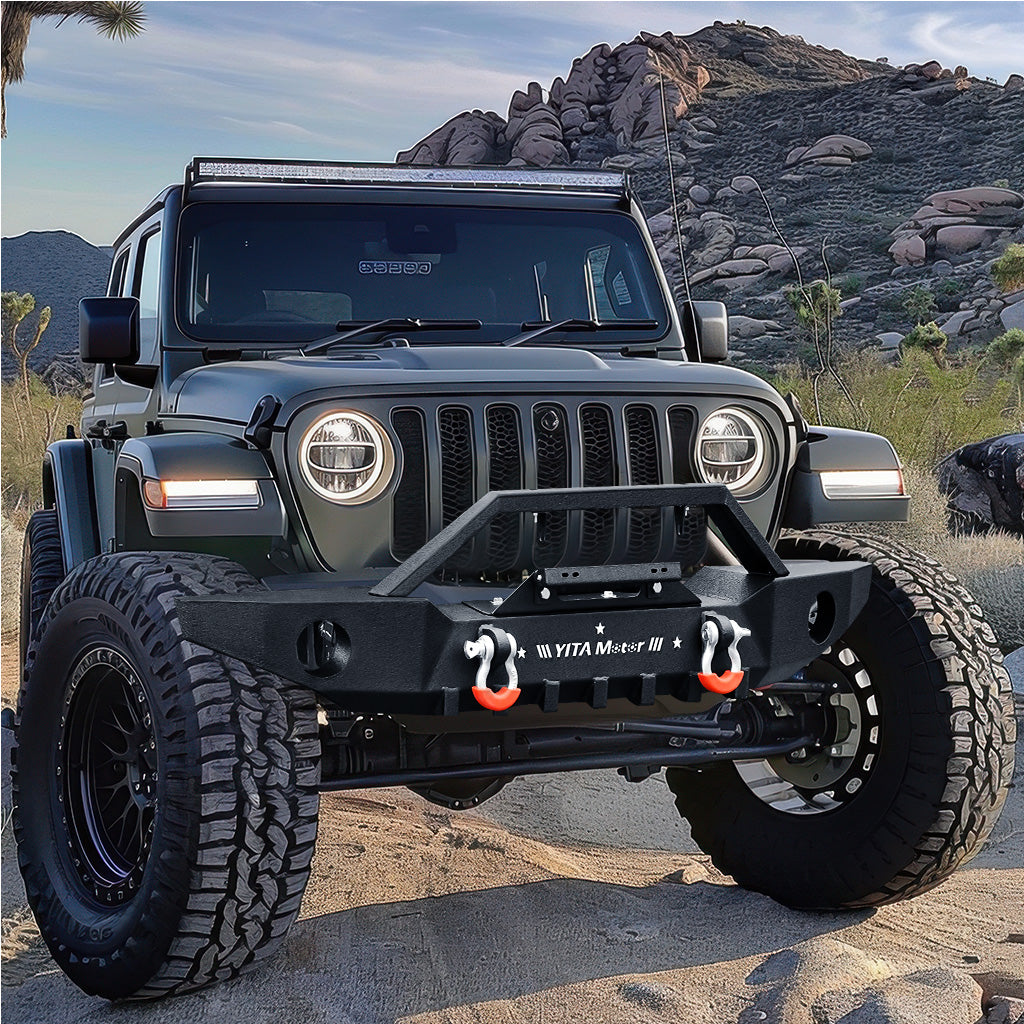 YITAMOTOR® Parachoques delantero para Jeep Wrangler JL 2018-2024/ Jeep Gladiator 2020-2023 con placa de cabrestante, anillos en D y orificios antiniebla