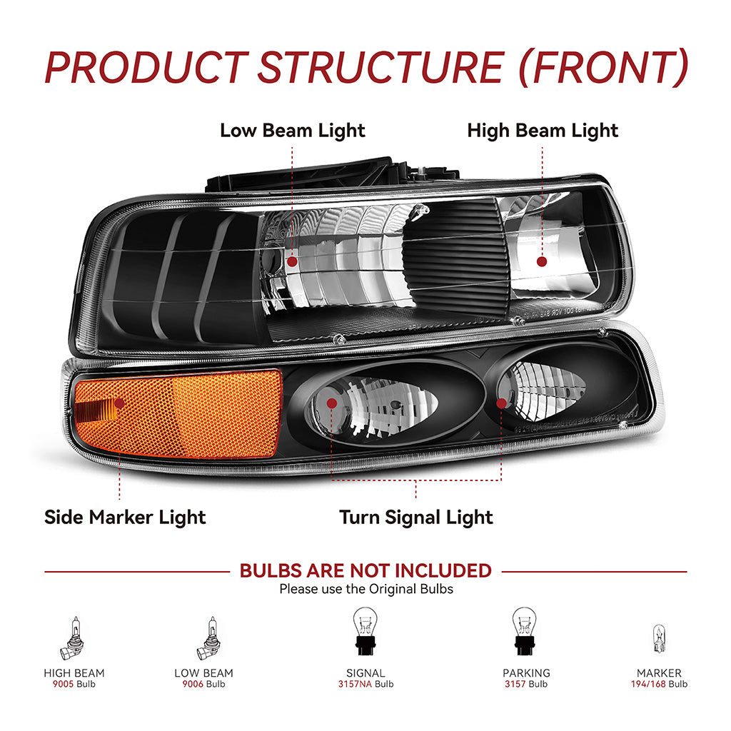 YITAMOTOR® Headlight Set For 2000-2006 Chevy Suburban Tahoe Headlights Lamps + Tail Lights Pair