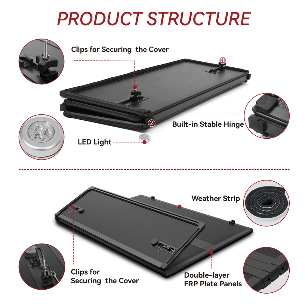 YITAMOTOR® Cubierta rígida para caja de 5,7 pies/5,8 pies, triple pliegue para camioneta Dodge Ram 1500 09-24