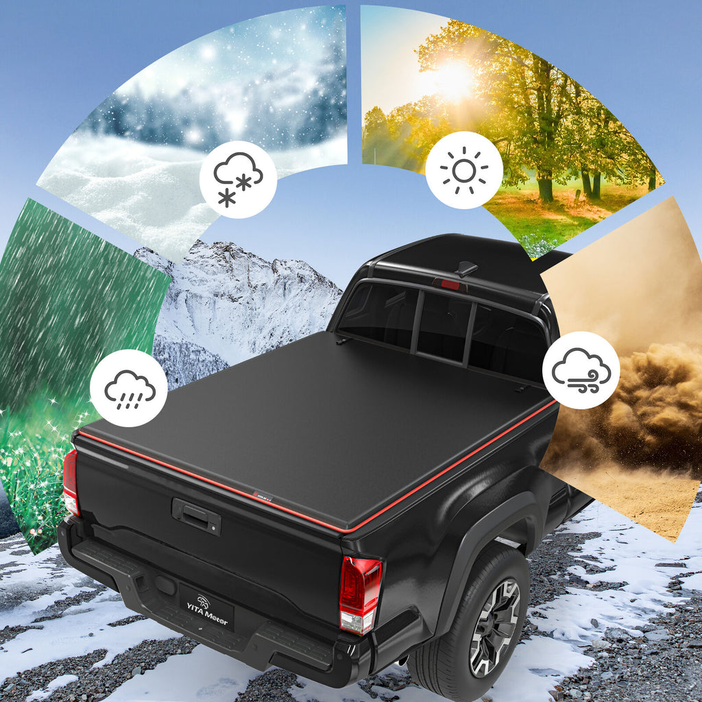 YITAMOTOR® Cubierta Tonneau suave de 5 pies, triple pliegue para Toyota Tacoma 2016-2023, estilo tira reflectante