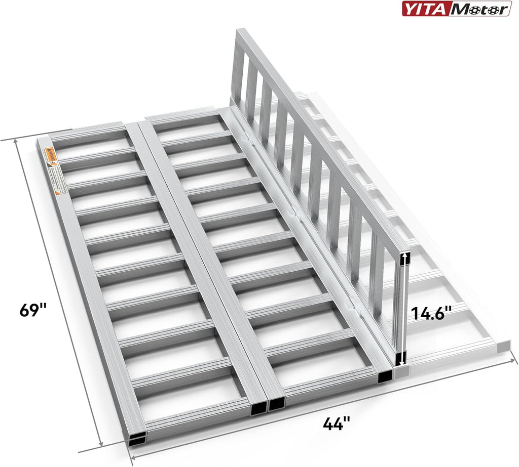 YITAMOTOR® Aluminum Tri-Fold Ramp with Treads, 1500 lbs ATV Ramp, Folding Loading Ramp with Load Strap for Motorcycle, Trailer, Tractor, Truck, ATV/UTV, Lawnmower, Snow Blower, 69" x 44", 1pc