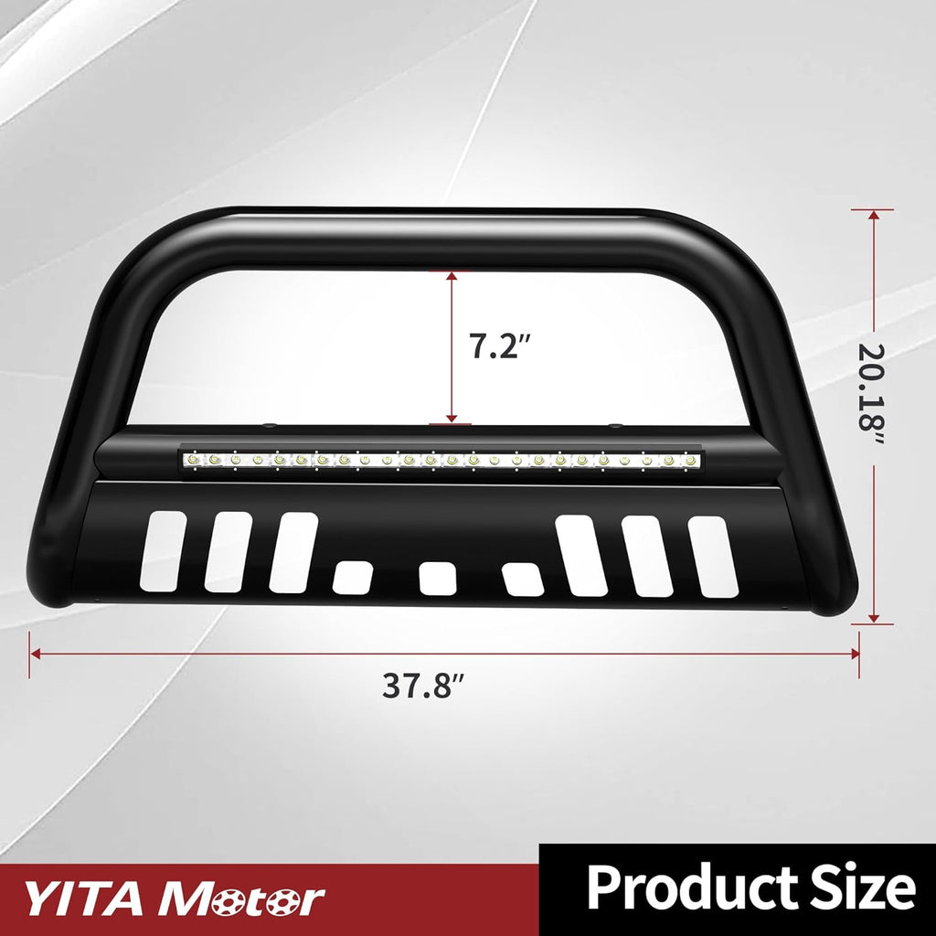 YITAMOTOR® Bull Bar compatible con Nissan Frontier 2005-2021 con barra de luz LED, protector de cepillo de tubo de 3" para camioneta, barra de empuje para parachoques delantero con placa protectora de rejilla