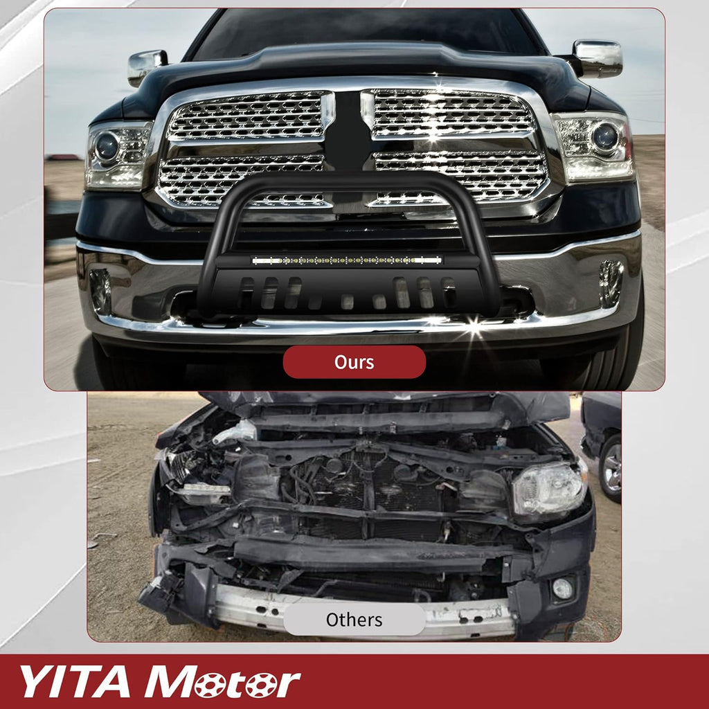 YITAMOTOR® Bull Bar with LED Light Bar Compatible for 09-18 Dodge RAM 1500/2019-2023 RAM 1500 Classic(Exl Rebel Sport) 3" Tubing Front Grille Brush Push Bumper Guard Include Skid Plate Light Mount