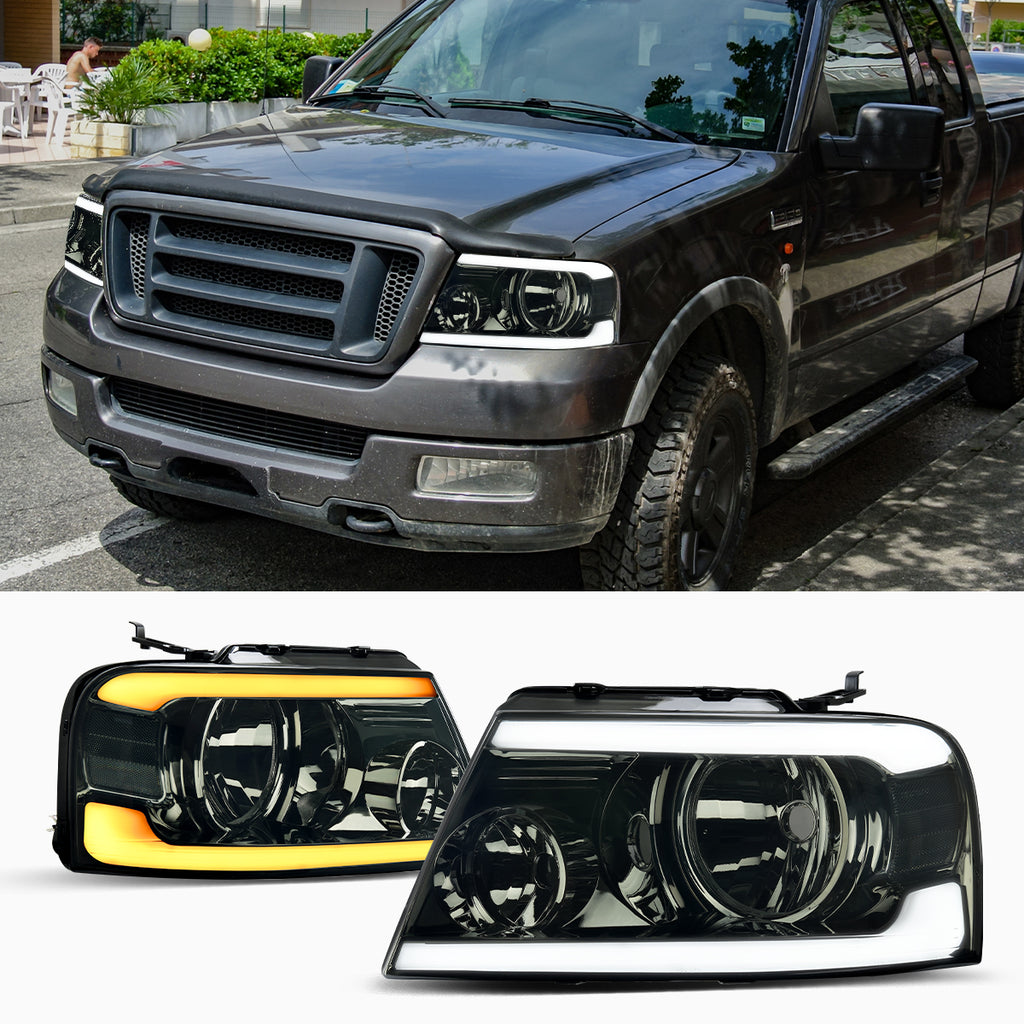 YITAMOTOR® Conjunto de faros delanteros de tubo LED Switchback compatible con par de repuesto de faros delanteros Ford F150 F-150 DRL 04-08 con lente ahumada de luz diurna