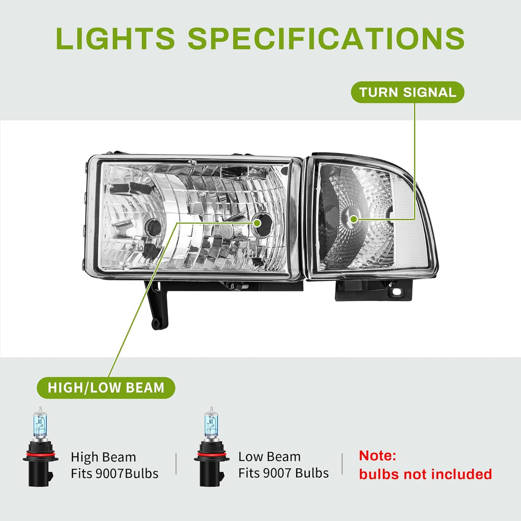 YITAMOTOR® Conjunto de faros delanteros compatible con Dodge Ram 1500 1994-2001/1994-2002 Ram 2500 3500 Carcasa cromada Reflector transparente Lente transparente con luces de esquina