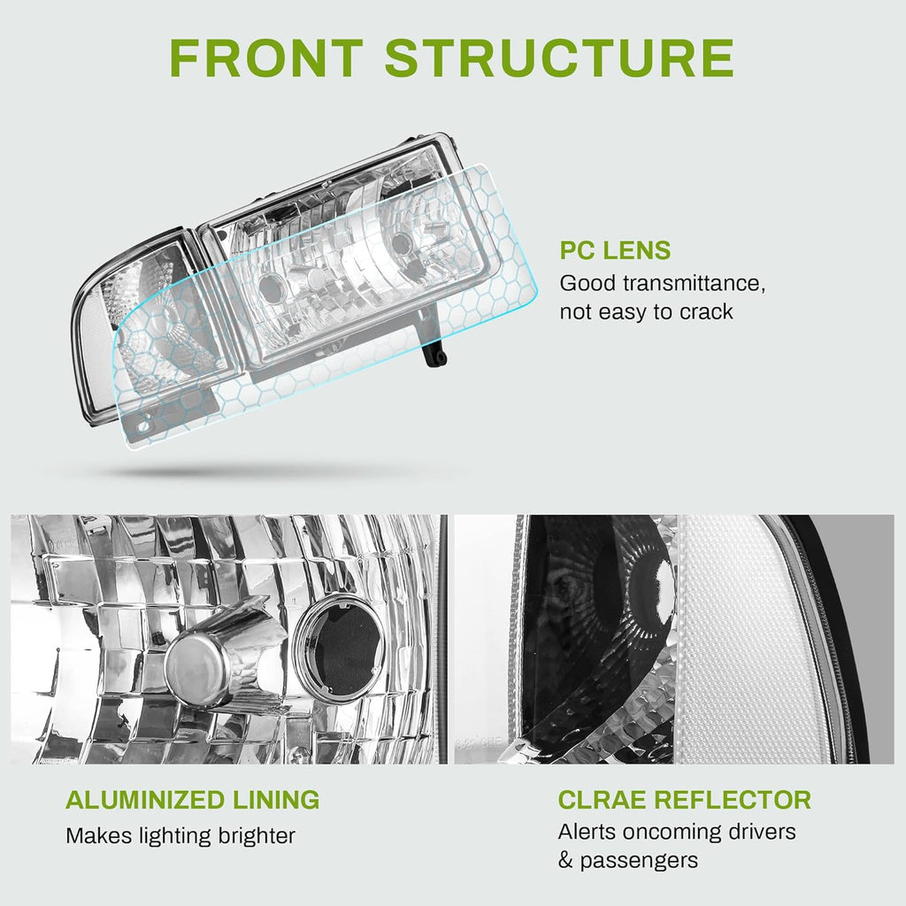 YITAMOTOR® Headlights Assembly Compatible with 1994-2001 Dodge Ram 1500/1994-2002 Ram 2500 3500 Chrome Housing Clear Reflector Clear Lens with Corner Lights