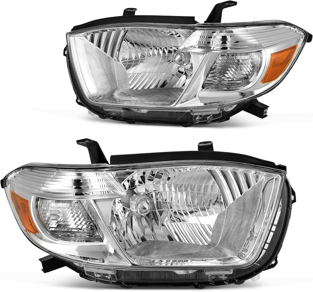 YITAMOTOR® Par de faros delanteros compatibles con faros Highlander 2008 2009 2010 Reemplazo del mercado de accesorios Carcasa cromada Reflector ámbar Lente transparente