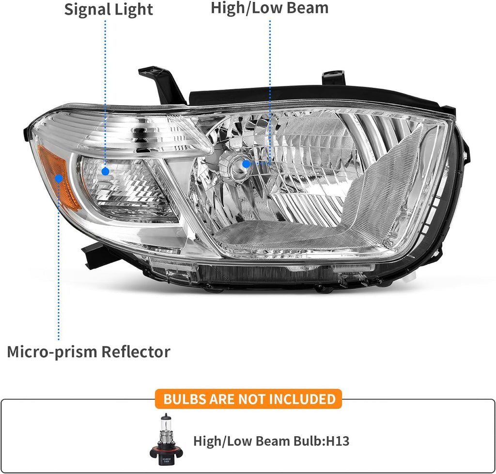 YITAMOTOR® Par de faros delanteros compatibles con faros Highlander 2008 2009 2010 Reemplazo del mercado de accesorios Carcasa cromada Reflector ámbar Lente transparente