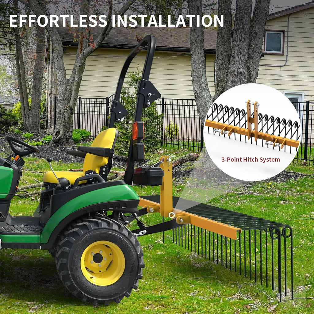 YITAMOTOR® 72" Durable Powder Coated Steel Pine Straw Rake Steel Spring Landscape Rake Attaches to Cat 0 Cat 1,3 Point Hitch for Tractor, Yellow