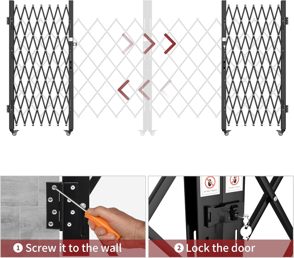 Double Folding Security Gate, 61" H x 130" W, Steel Accordion Design, 360° Rolling, Barricade Gate with Keys, Aluminium Mesh