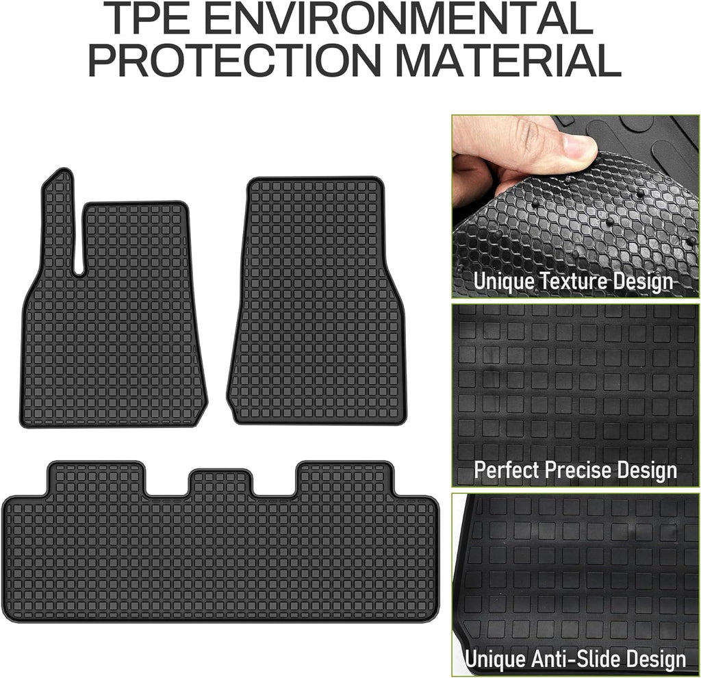 YITAMOTOR® 2D Floor Mats For 2020-2024 Tesla Model Y 1st & 2nd Row All Weather Liners 3pcs