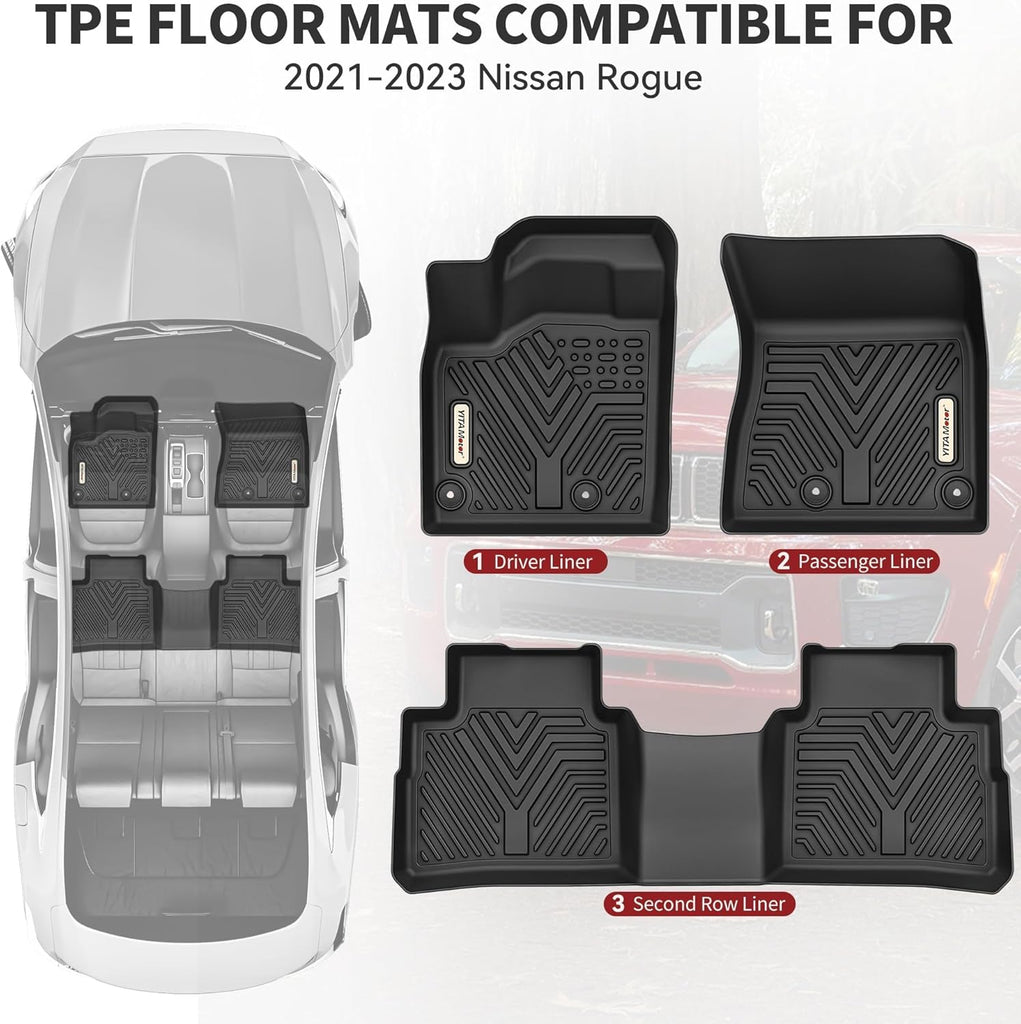 YITAMOTOR® All Weather Floor Mats Fit for 2021-2024 Nissan Rogue, TPE All-Weather Protection Slush 1st & 2nd Row Car Floor Liners Accessories, Black