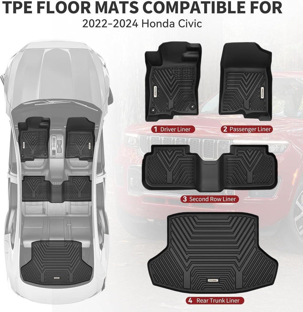 YITAMOTOR® Floor Mats Fit for 2022-2025 Honda Civic Sedan Only(Not for Hatchback), TPE All Weather Floor Liners, 1st & 2nd Row & Trunk Mat Set