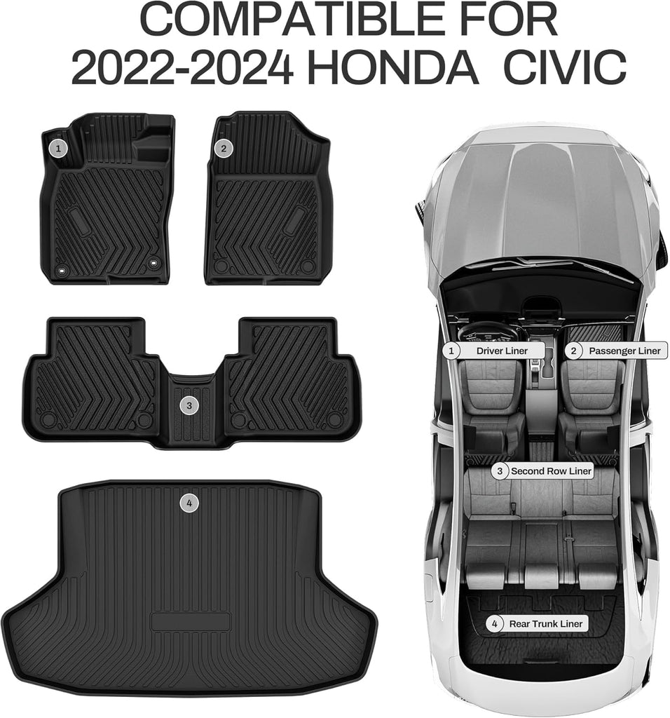 YITAMOTOR® All-Weather Floor Mats & Cargo Liner for 2022-2024 Honda Civic (Non-Hatchback), TPE Odorless Anti-Slip Car Mats, Black