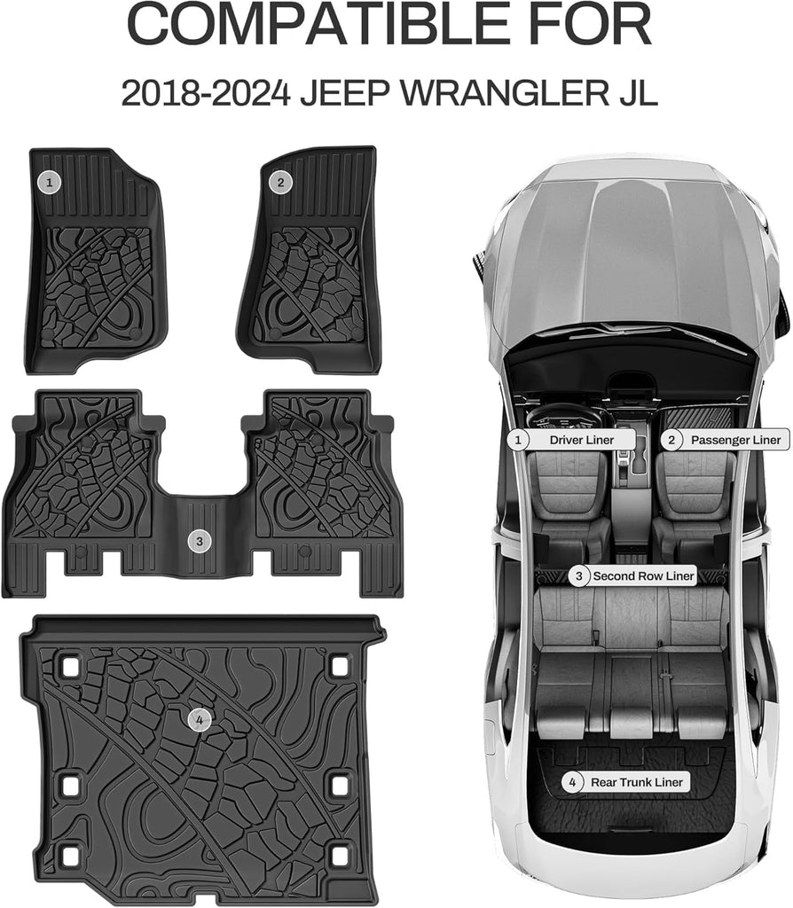 YITAMOTOR® All-Weather Floor Mats & Cargo Liners for 2018-2024 Jeep Wrangler JL Unlimited 4-Door with Subwoofer (Non JK or 4XE), Black TPE Front & Rear Row Floor Mats and Full Cargo Liner Set