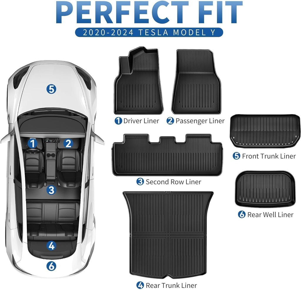 YITAMOTOR® Custom Fit Floor Mats for Tesla Model Y 2020-2024, 6-Piece All-Weather TPE Interior & Cargo Liners, Trunk Mats for 5-Seat Models (Not for 7-Seat)