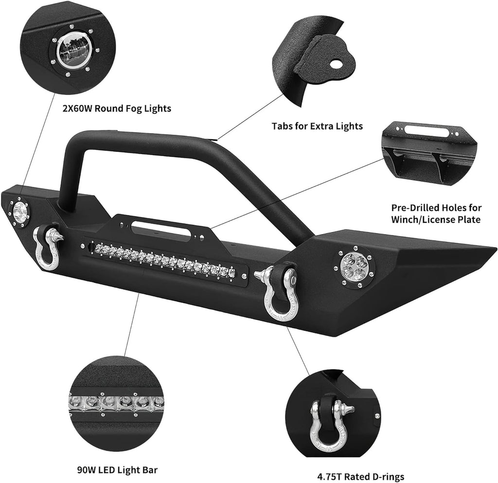 YITAMOTOR®  Rock Crawler Front Bumper Compatible with 07-18 Jeep Wrangler JK and JK Unlimited, Built-in 90W LED Light Bar w/ 2x 60W Fog Light, Wiring Harness, Winch Plate and D-rings Textured Black