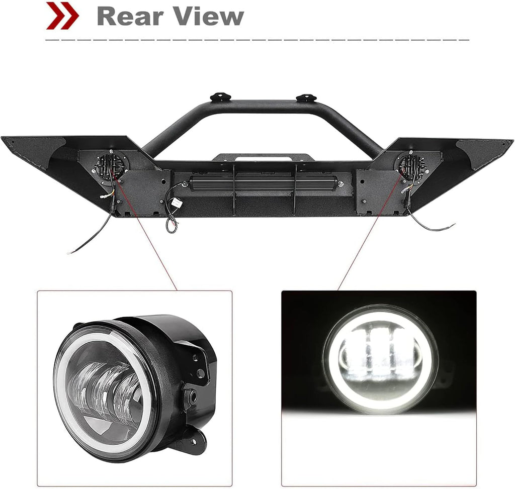 YITAMOTOR®  Rock Crawler Front Bumper Compatible with 07-18 Jeep Wrangler JK and JK Unlimited, Built-in 90W LED Light Bar w/ 2x 60W Fog Light, Wiring Harness, Winch Plate and D-rings Textured Black