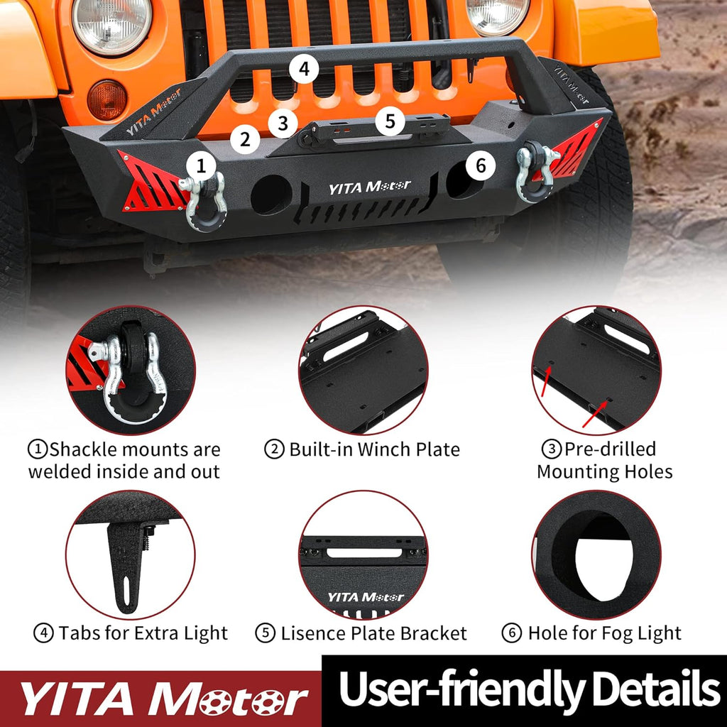 YITAMOTOR® Front Bumper Compatible with 2007-2018 Jeep Wrangler JK & JK Unlimited (2/4 Doors), Upgraded Off Road Bumper w/Fog Light Holes & 2 D-Rings & Winch Plate