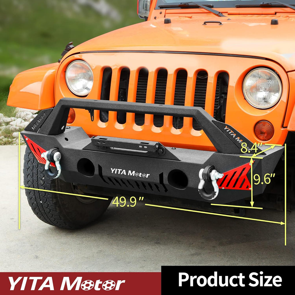 YITAMOTOR® Front Bumper Compatible with 2007-2018 Jeep Wrangler JK & JK Unlimited (2/4 Doors), Upgraded Off Road Bumper w/Fog Light Holes & 2 D-Rings & Winch Plate