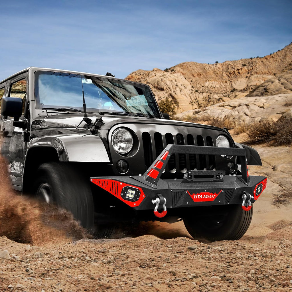 YITAMOTOR® Front Bumper Compatible with 2007-2018 Jeep Wrangler JK & JKU Unlimited, Rock Crawler Bumpers w/Winch Plate & License Plate Bracket & LED Lights & D-Rings & Paintable Trim