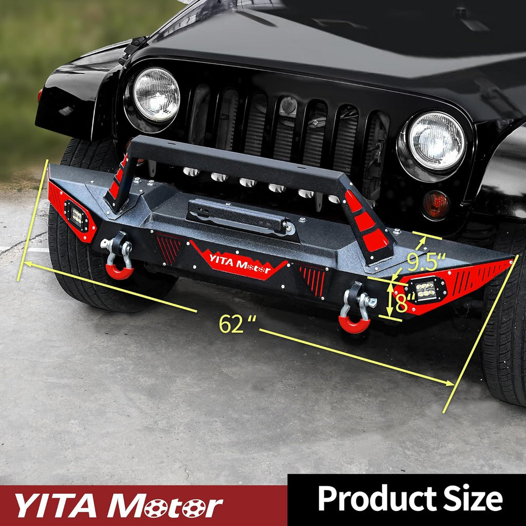 YITAMOTOR® Front Bumper Compatible with 2007-2018 Jeep Wrangler JK & JKU Unlimited, Rock Crawler Bumpers w/Winch Plate & License Plate Bracket & LED Lights & D-Rings & Paintable Trim