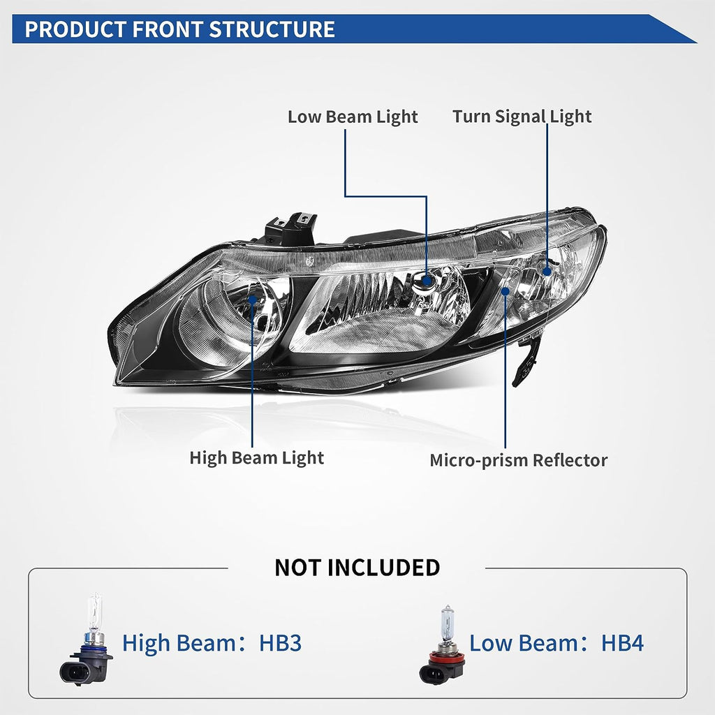 Faros delanteros YITAMOTOR® para Honda Civic Sedan 2006-2011 4Dr, carcasa negra, lente ahumada