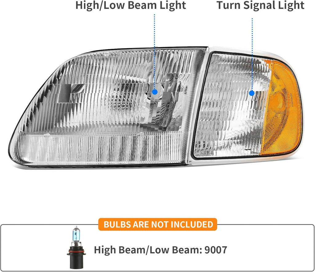 YITAMOTOR® 1997-2004 Ford F-150, 1997-2002 Ford Expedition Conjunto de faros delanteros de repuesto con carcasa cromada 