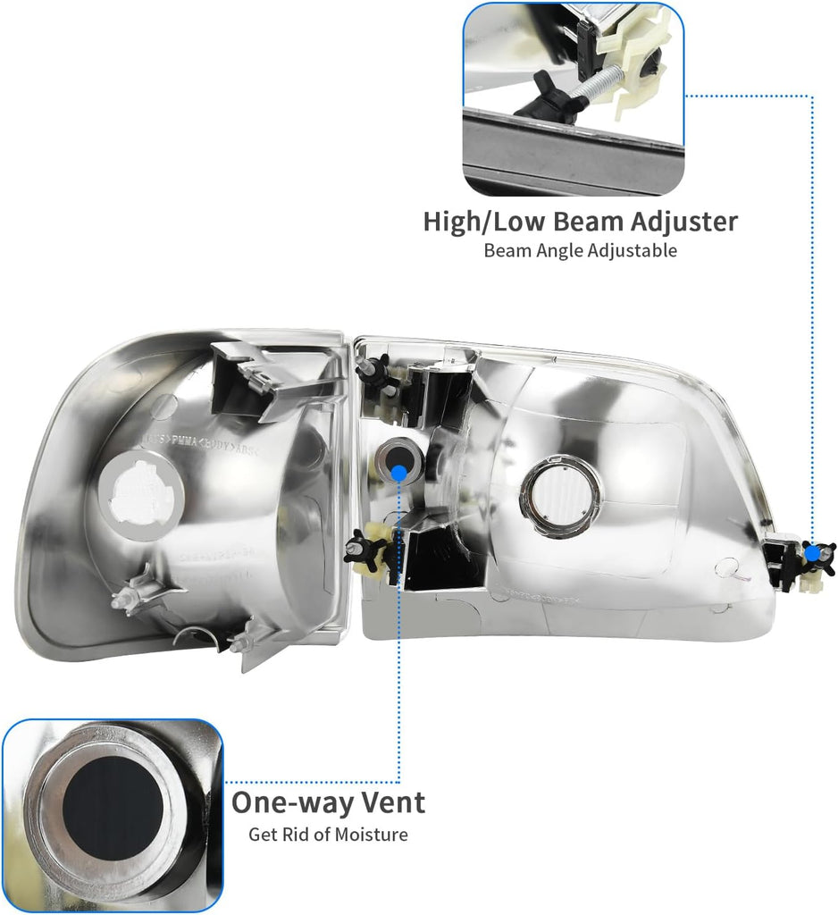 YITAMOTOR® 1997-2004 Ford F-150, 1997-2002 Ford Expedition Conjunto de faros delanteros de repuesto con carcasa cromada 