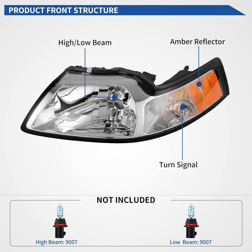 YITAMOTOR® Headlight Assembly Compatible with 1999-2004 Ford Mustang, Headlamp with Amber Reflector Chrome Housing - Driver and Passenger Side