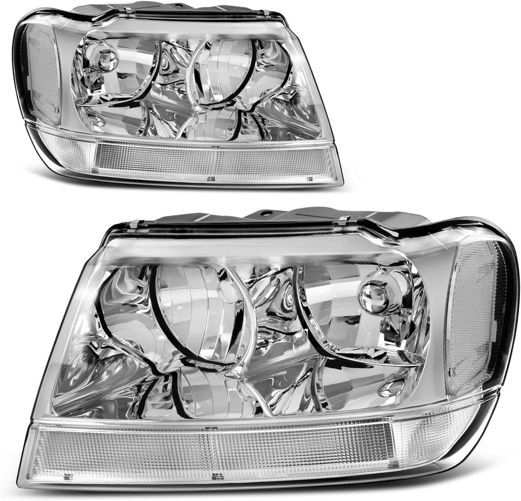 Headlight Assembly Compatible with 1999 - 2004 Grand Cherokee OE Replacement Headlamp Chrome Housing Clear Reflector Clear Lens