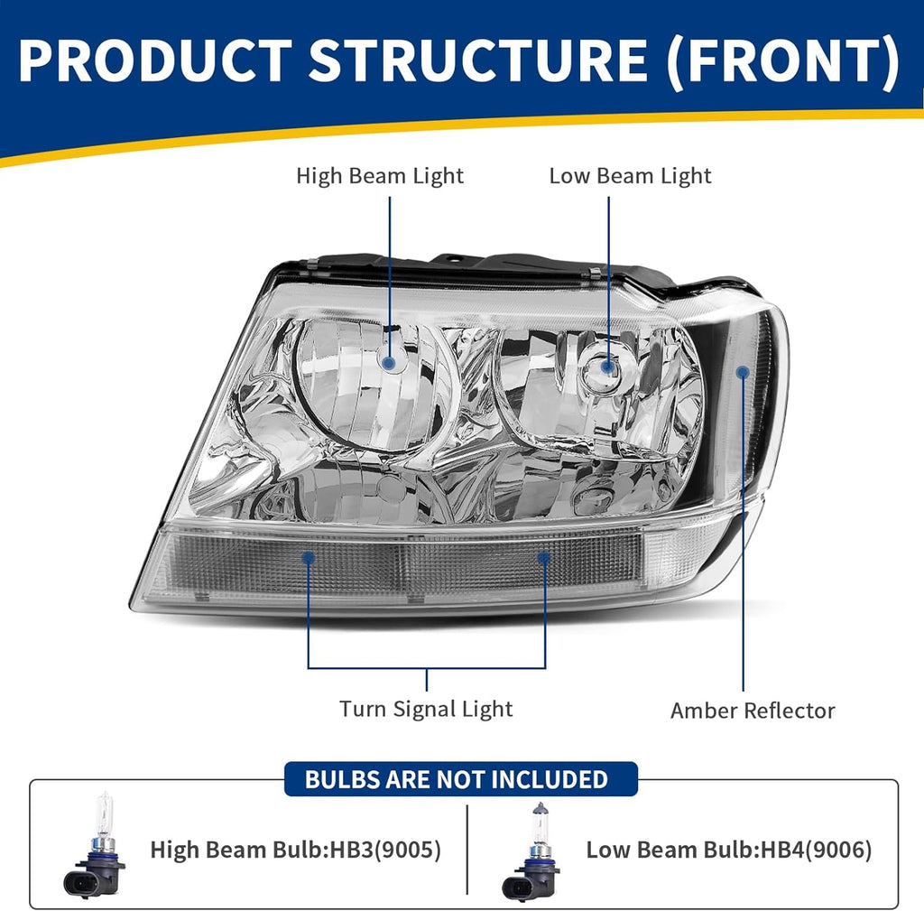 Conjunto de faros delanteros compatible con Grand Cherokee OE de 1999 a 2004, carcasa cromada, reflector transparente, lente transparente