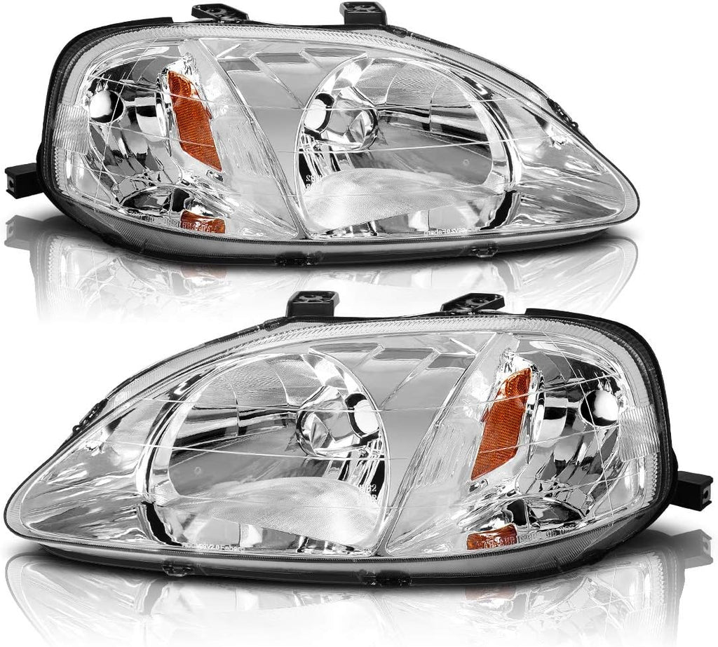 YITAMOTOR® Headlight Assembly Compatible with 1999 2000 Honda Civic Chrome Housing Headlamp 33151-S01-A02 33101-S01-A02