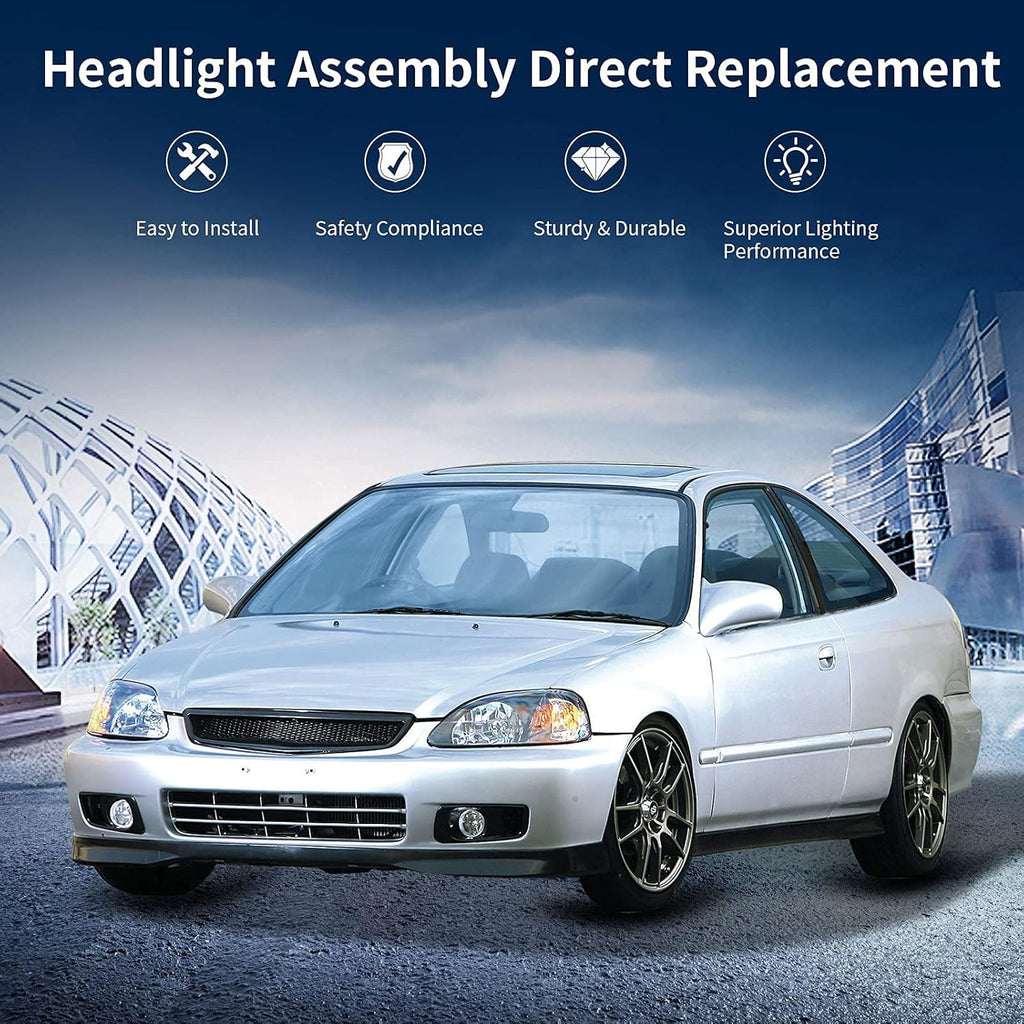 YITAMOTOR® Headlight Assembly Compatible with 1999 2000 Honda Civic Chrome Housing Headlamp 33151-S01-A02 33101-S01-A02