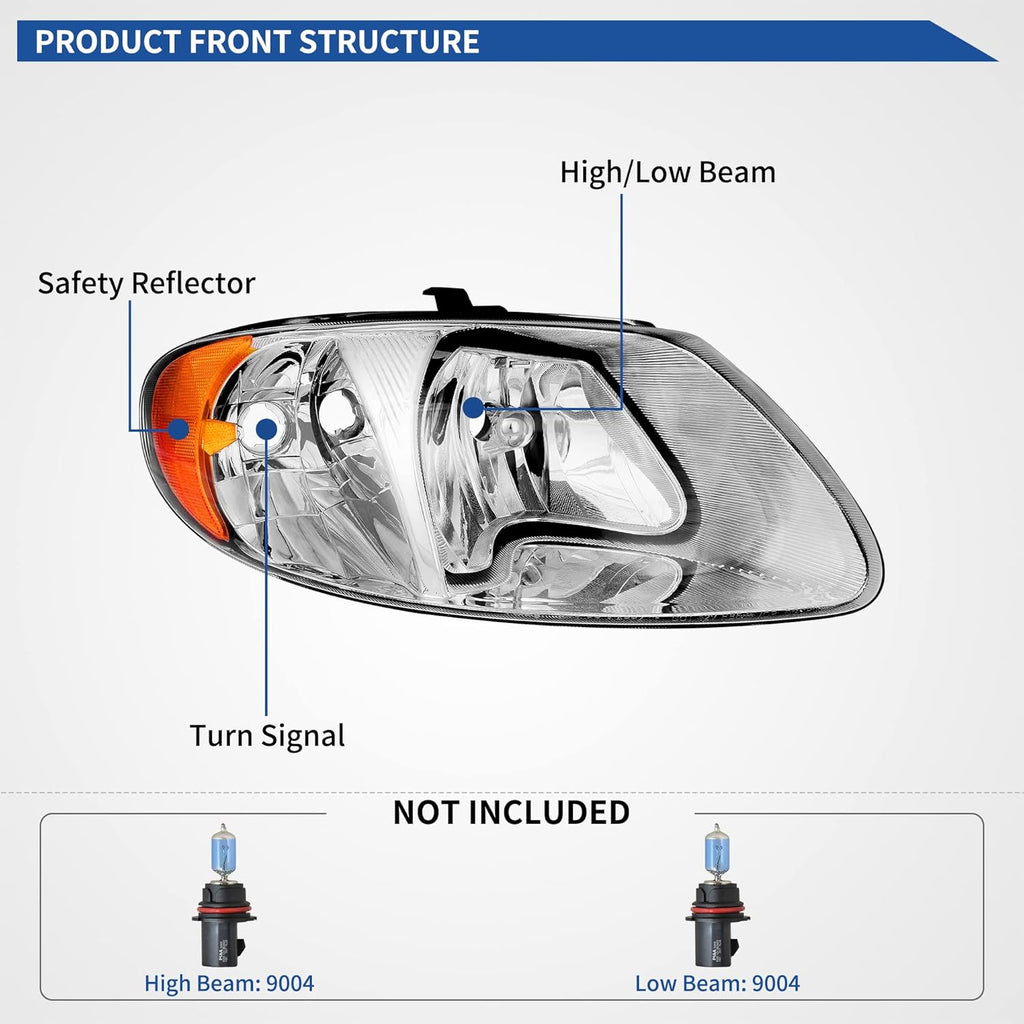 YITAMOTOR® Headlight Assembly Compatible with 2001-2007 Dodge Caravan / 01-07 Chrysler Town & Country Headlights w/ Amber Reflectors Chrome Housing Headlamps