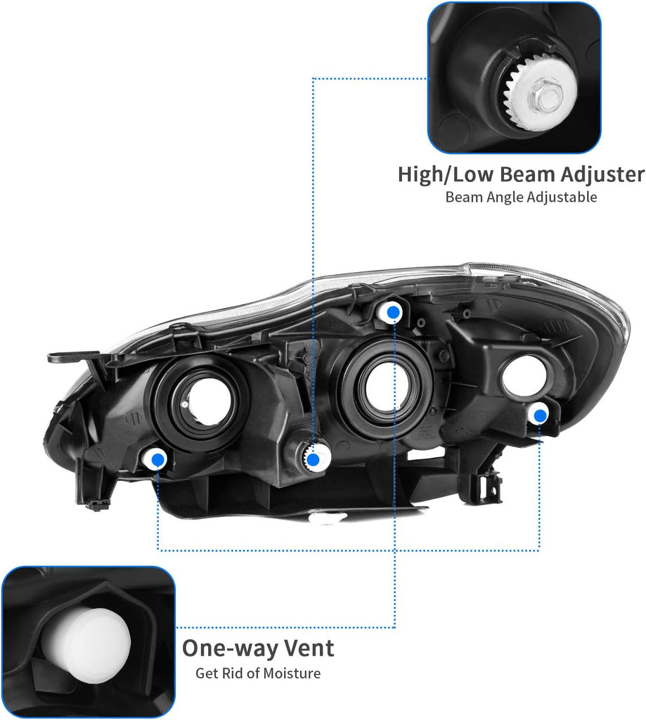 YITAMOTOR® Headlight Assembly Compatible with 2003 2004 2005 2006 2007 2008 Corolla Headlamps Replacement Black Housing Amber Reflector