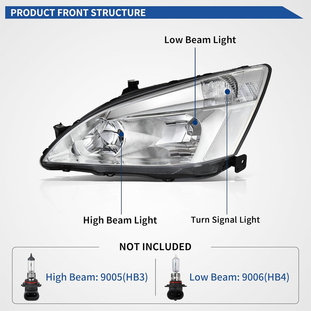 YITAMOTOR® Headlight Assembly Compatible with 2003-2007 Honda Accord  OE Headlamp Replacement Chrome Housing Clear Reflectors Clear Lens