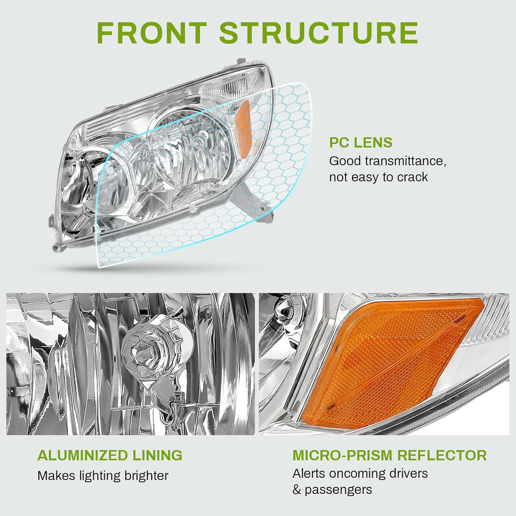 YITAMOTOR® Headlight Assembly Compatible with 2003 2004 2005 Toyota 4Runner Replacement Headlamp Chrome Housing Amber Reflector Clear Lens