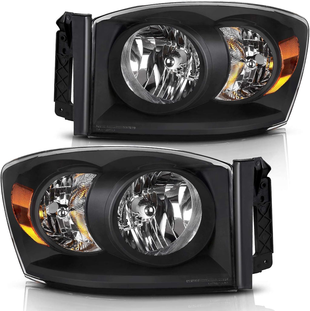 YITAMOTOR®  Headlight Assembly Compatible with 2006-2008 Dodge Ram 1500/06-09 Dodge Ram 2500 3500 Pickup Replacement Headlamp Driving Light Black Housing Amber Reflector Clear Lens