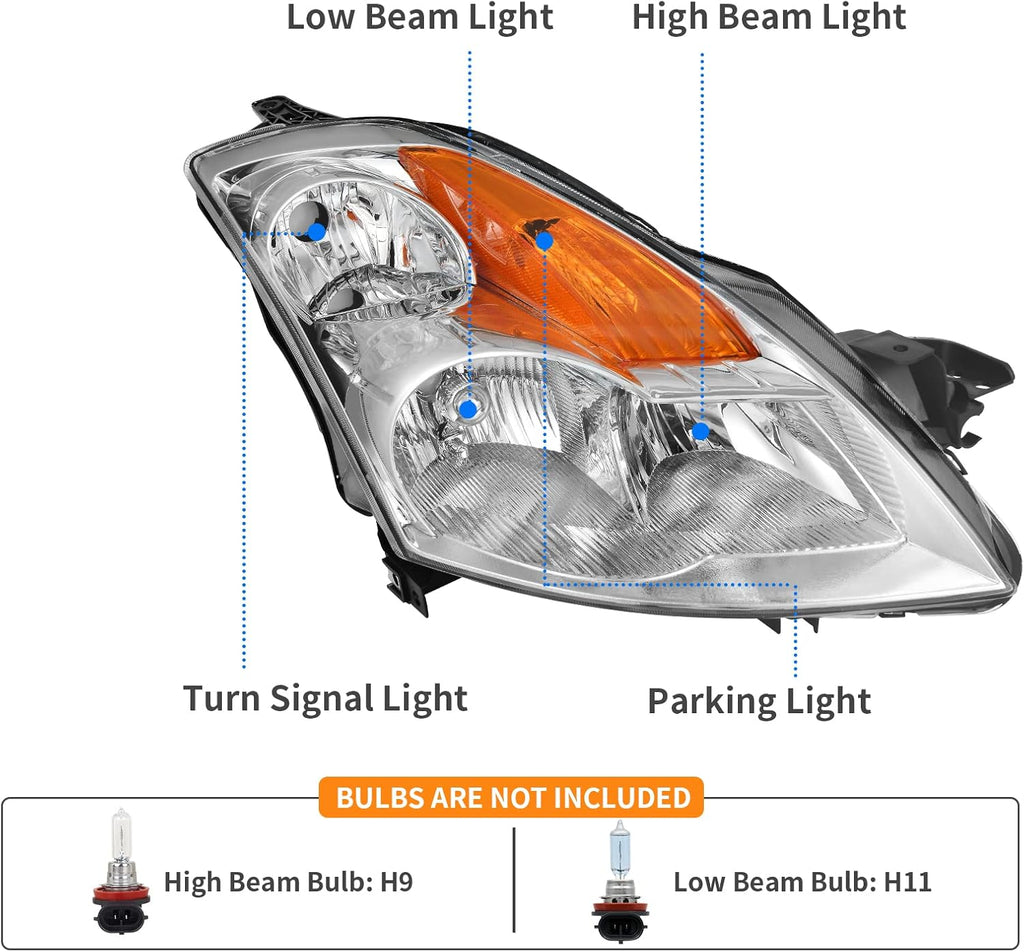 YITAMOTOR® Headlight Assembly Compatible with 2007-2009 Nissan Altima Sedan 4-door (Chrome Housing with Amber Reflector Clear Lens)