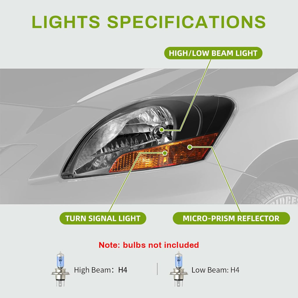 YITAMOTOR® Headlight Assembly Compatible with 2007-2011 Toyota Yaris Sedan/Base Model Replacement Headlamp Black Housing Amber Reflector Clear Lens