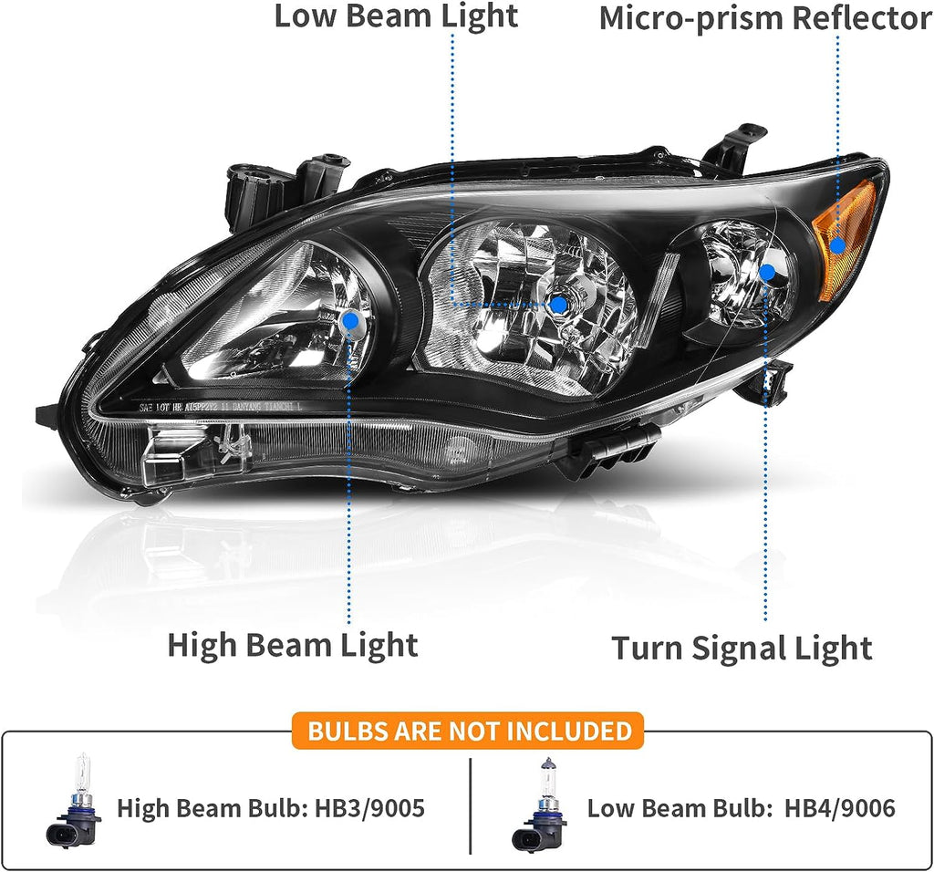 YITAMOTOR® Conjunto de faros delanteros compatible con Toyota Corolla 2011-2013, faro delantero para lado del pasajero y del conductor, carcasa negra, lente transparente, reflector ámbar