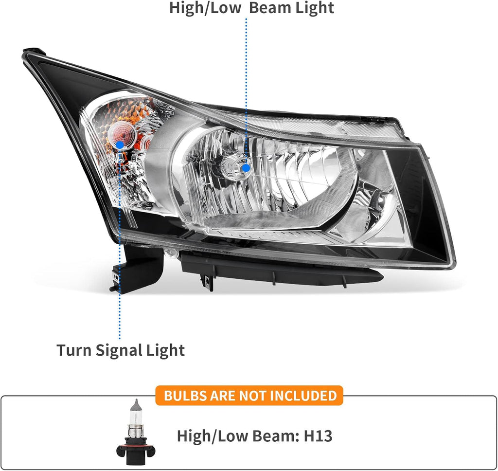 YITAMOTOR® Conjunto de faros delanteros para Chevy Chevrolet Cruze 2011-2015, carcasa negra, lente transparente