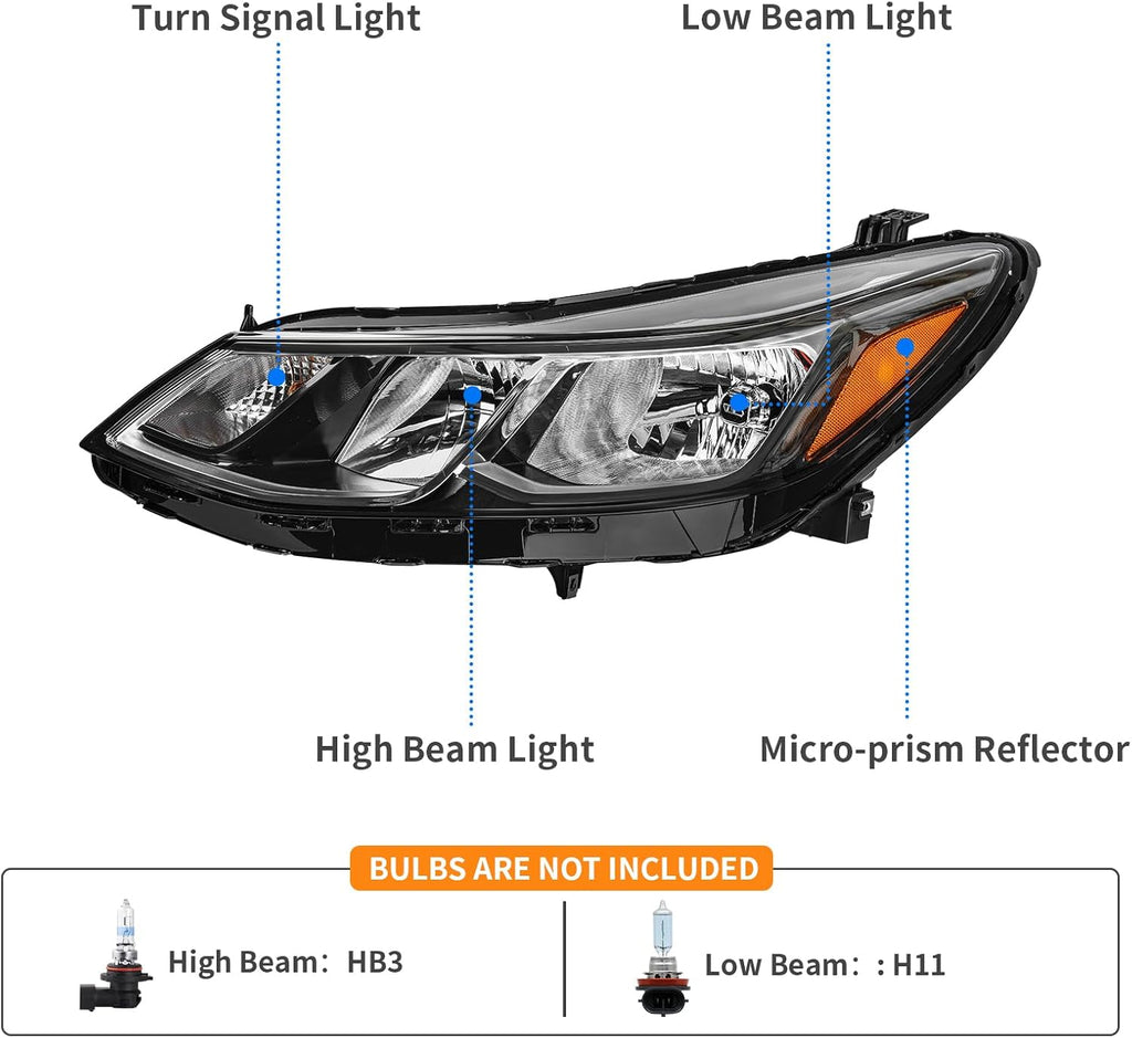 YITAMOTOR® Headlight Assembly Compatible with 2016-2019 Chevy Cruze Replacement Headlamp Black Housing Left and Right Set