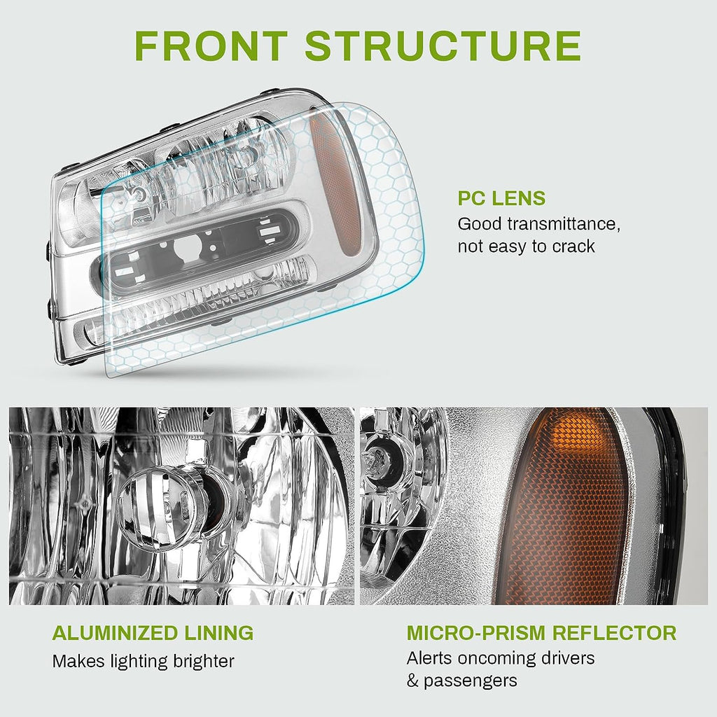 YITAMOTOR® Headlight Assembly for Trailblazer 2002-2009 Replacement Chrome Housing Headlamp